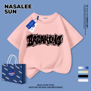 [พร้อมสต็อกจัดส่งที่รวดเร็ว] นาซ่า เด็กสีดําสีขาวสีคมชัดแขนสั้นสไตล์อเมริกันสาดหมึกทุนจดหมายพิมพ์ขนาดกลางขนาดใหญ่เด็กเด็กหล่อระบายอากาศที