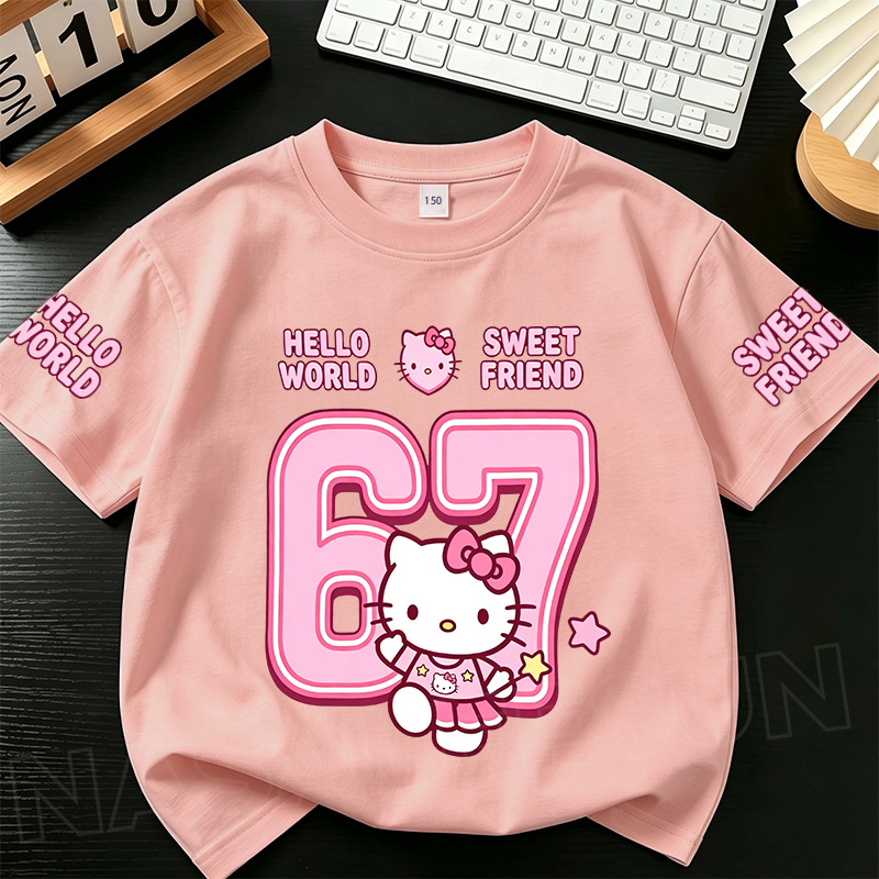 【ส่งวันนี้】เสื้อยืดเด็ก NASA สีชมพู ลาย Hello Kitty เบอร์ 67 3-16 ปี เด็กผู้หญิง ผ้าฝ้ายนิ่ม