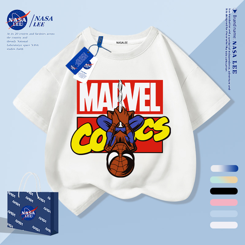 [กรุงเทพฯ จัดส่งภายในวันเดียว] เสื้อผ้าเด็กแขนสั้นเด็กสีขาวครึ่งแขนเสื้อยืดผ้าฝ้ายมหัศจรรย์การ์ตูนสไปเดอร์แมนพิมพ์แขนสั้นชายหญิง