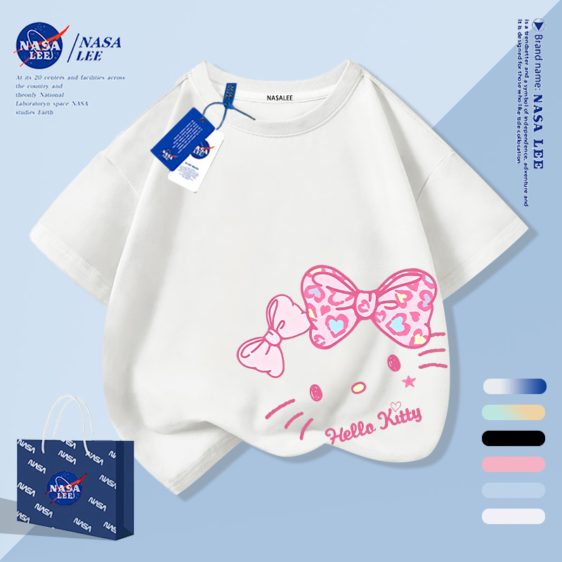 [กรุงเทพฯ จัดส่งภายในวันเดียว] โบว์คู่ Hello Kitty Simple Line เด็กเสื้อยืดครึ่งแขนชายหญิงผ้าฝ้ายระบายอากาศสีขาวลําลองทุกการแข่งขันแขนสั้น