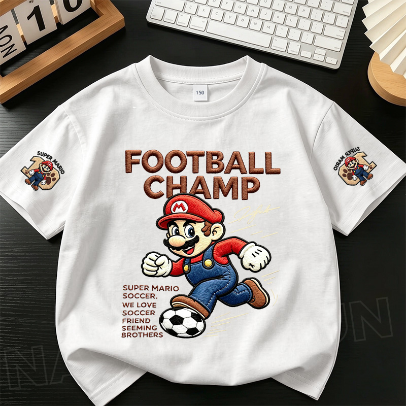 [จัดส่งกรุงเทพ] NASA Childrens White Cotton Short-Sleeved Football Master Mario Big Kids Sports All-Match T-Shirt Top