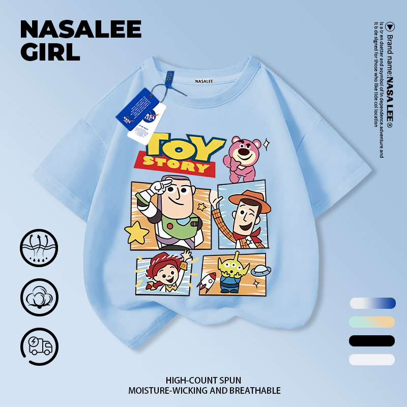 [จัดส่งกรุงเทพ] NASA Children เสื้อยืดแขนสั้นสีฟ้าอ่อน Toy Story Four-Grid Comic Printing 3-16 Years Old Boys Girls All-Match Cotton Tops