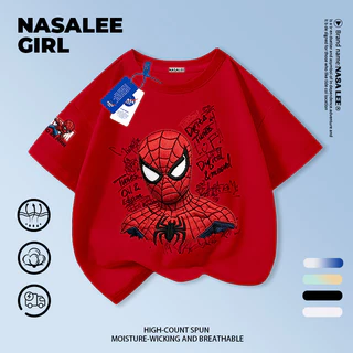 [การจัดส่งกรุงเทพ] NASA Co-Branded ชายหญิงผ้าฝ้ายสีขาวแขนสั้น Spiderman พิมพ์ 3-16 ปีเด็ก All-Match Casual เสื้อยืด Top