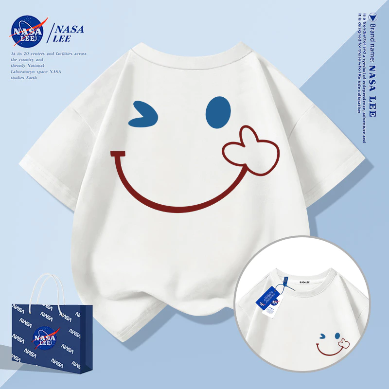 [กรุงเทพฯ จัดส่งภายในวันเดียว] ยิ้มใบหน้ารูปแบบที่เรียบง่ายเด็กเสื้อยืดครึ่งแขนชายหญิงทารกผ้าฝ้ายระบายอากาศสีขาวทั้งหมด-