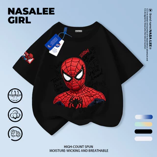 [การจัดส่งกรุงเทพ] NASA Co-Branded ชายหญิงผ้าฝ้ายสีขาวแขนสั้น Spiderman พิมพ์ 3-16 ปีเด็ก All-Match Casual เสื้อยืด Top