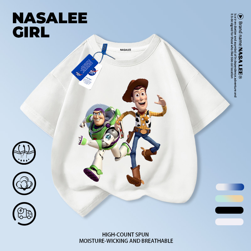 [คลังสินค้าพร้อม x 3 วันมาถึง] NASA เสื้อยืดแขนสั้นสีขาวสําหรับเด็ก Toy Story Woody Buzz Lightyear พิมพ์เด็กใหญ่เสื้อยืดระบายอากาศ Unisex