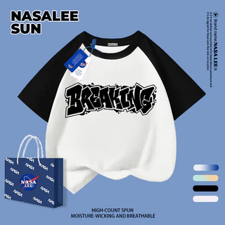 [พร้อมสต็อกจัดส่งที่รวดเร็ว] นาซ่า เด็กสีดําสีขาวสีคมชัดแขนสั้นสไตล์อเมริกันสาดหมึกทุนจดหมายพิมพ์ขนาดกลางขนาดใหญ่เด็กเด็กหล่อระบายอากาศที