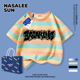 [พร้อมสต็อกจัดส่งที่รวดเร็ว] นาซ่า เด็กสีดําสีขาวสีคมชัดแขนสั้นสไตล์อเมริกันสาดหมึกทุนจดหมายพิมพ์ขนาดกลางขนาดใหญ่เด็กเด็กหล่อระบายอากาศที