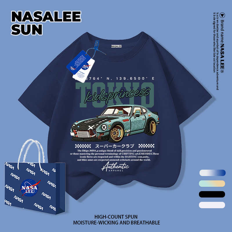 [จัดส่งตลอด 24 ชั่วโมง] นาซ่า เด็กสีกรมท่าแขนสั้นเสื้อยืด เจดีเอ็ม ญี่ปุ่นย้อนยุครถสปอร์ตพิมพ์ 3-16 ปีเด็กชายถนนสวมทุกการแข่งขันด้านบ