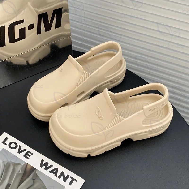 รองเท้าหัวโต รัดส้นเท้า แบบสวม เสริมส้นสูง พื้นกันลื่น สีกากี Size 38-39