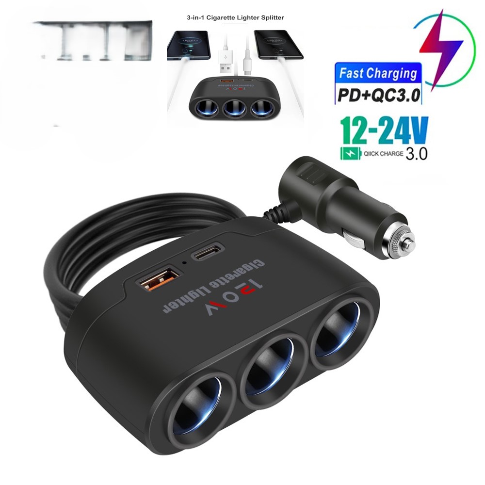 อะแดปเตอร์ชาร์จในรถยนต์ 12V/24V, ตัวแยกที่จุดบุหรี่ 3 ช่อง, ชาร์จเร็ว USB คู่