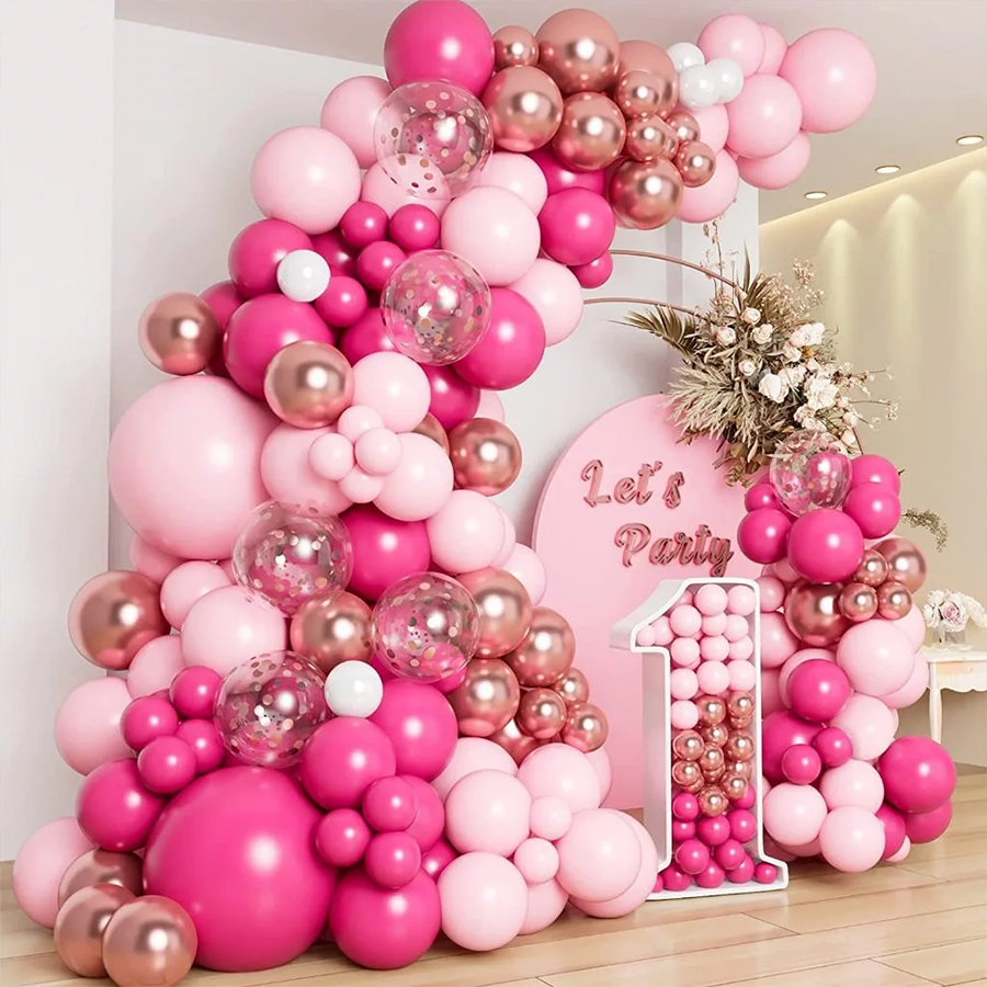 ชุดบอลลูนเมทัลลิกสีชมพู,ขาวและโรสโกลด์ 141 ชิ้น – Clear Glitter Confetti Latex – Solid & Chrome – สํ