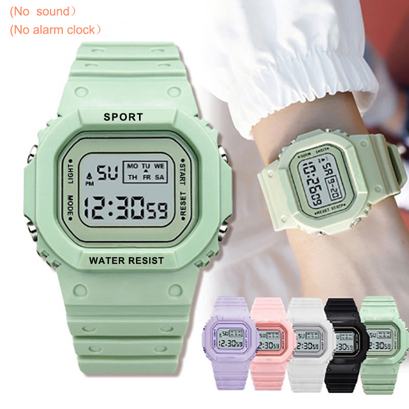 นาฬิกาข้อมือดิจิตอลทรงสี่เหลี่ยม Unisex สําหรับผู้หญิง กันน้ําสีลูกกวาด เวลาอิเล็กทรอนิกส์ของนักเรียนในสีเขียวและสีชมพู