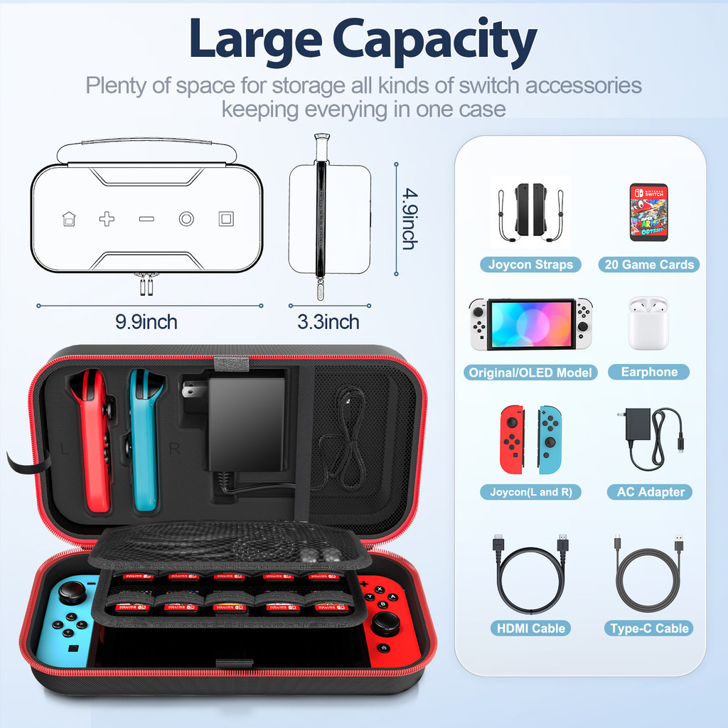 Oivo กระเป๋าเคสแข็ง แบบพกพา ความจุขนาดใหญ่ สําหรับ Nintendo Switch & Switch OLED Joy-Con และอะแดปเตอร์ 20 เกม