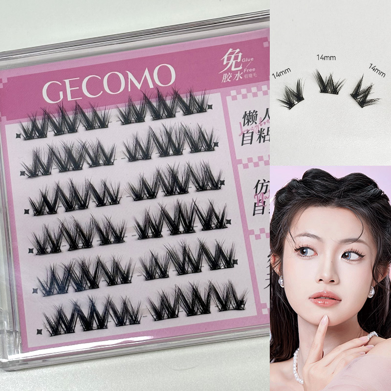 Gecomo ขนตาปลอมไร้กาว 36 คลัสเตอร์ C-curled 3D ลอนดอกไม้เล็กแมวหนาปล้องเอลฟ์ขนตาปลอมติดด้วยตนเองธรรมชาติสามเณร