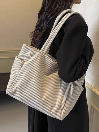 Velvet Corduroy Tote Bag กระเป๋าสะพายความจุขนาดใหญ่ของผู้หญิงกระเป๋าเดินทางอเนกประสงค์สําหรับทํางานและสันทนาการ