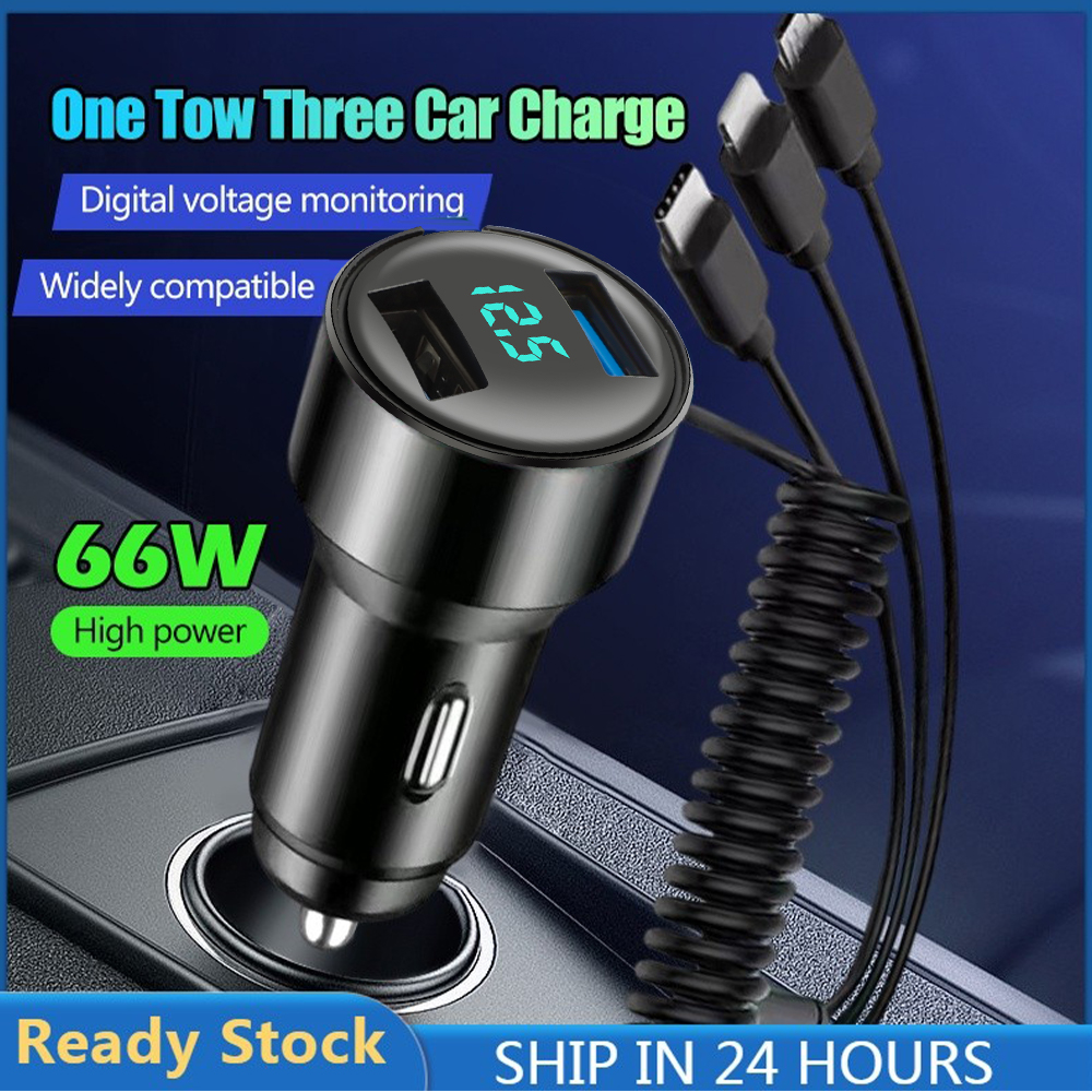 5 in 1 3.1A ที่ชาร์จแบตในรถพร้อมสายสปริงแบบยืดได้ Dual USB LED จอแสดงผลดิจิตอล