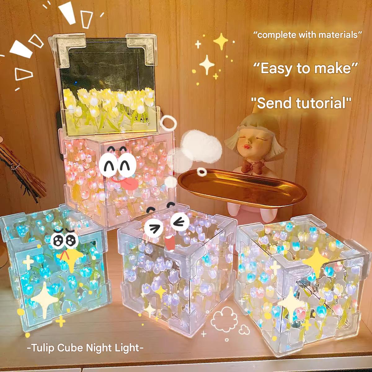 โคมไฟกลางคืน Creative Diy ทิวลิปดอกไม้ Sea Cube แพ็คเกจวัสดุขนาดเล็กสามมิติสําหรับของขวัญแฟนคู่ใหม่