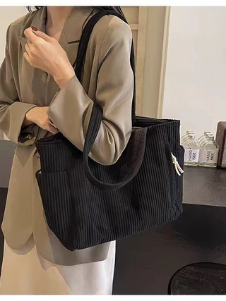 Velvet Corduroy Tote Bag กระเป๋าสะพายความจุขนาดใหญ่ของผู้หญิงกระเป๋าเดินทางอเนกประสงค์สําหรับทํางานและสันทนาการ