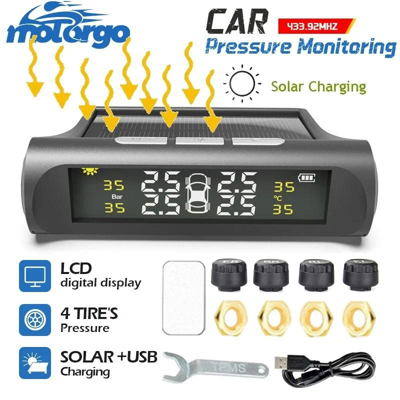 TPMS เครื่องวัดความดันลมยางรถยนต์พลังงานแสงอาทิตย์ภายนอกไร้สายแบบเรียลไทม์เซ็นเซอร์อัจฉริยะฤดูใบไม้ผลิถนนการเดินทางความปลอดภัยเกียร์ของขวัญอีสเตอร์