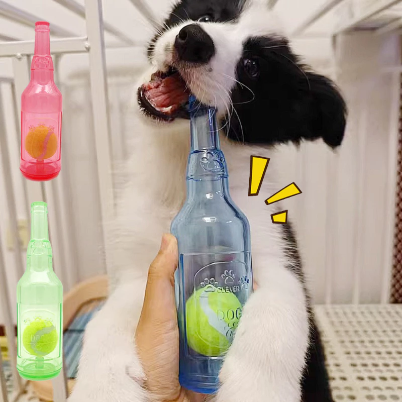 ทนทานของเล่นเคี้ยวสุนัขขวดเบียร์พร้อมลูกเทนนิส Squeaky Interactive ของเล่นสําหรับลูกสุนัข