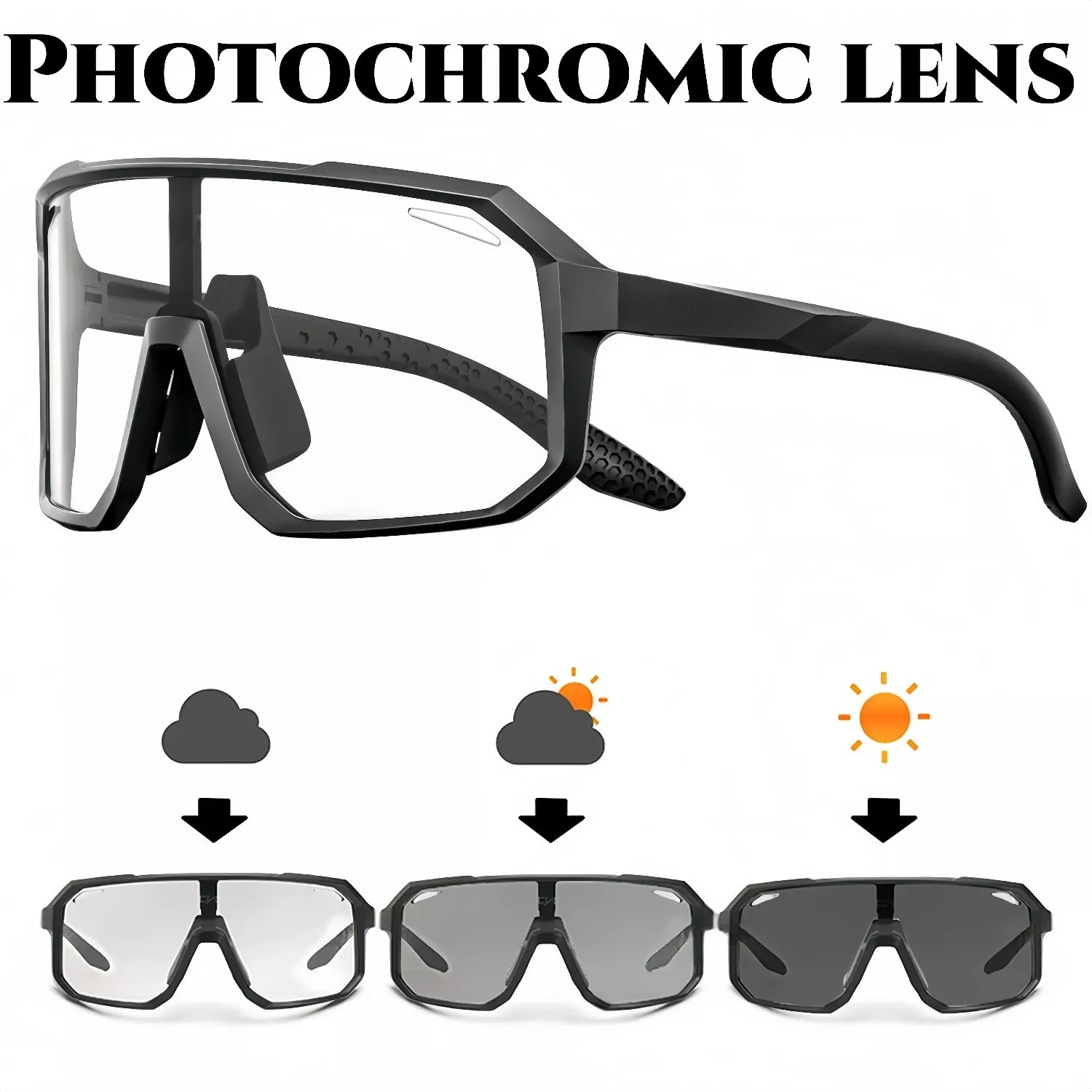 Photochromic Retro แว่นตากันแดดขนาดใหญ่ PC กรอบ Comfort สําหรับขี่จักรยานตกปลา Travel Unisex แว่นตาป้องกัน (สีเทาสไตล์เท่านั้น)