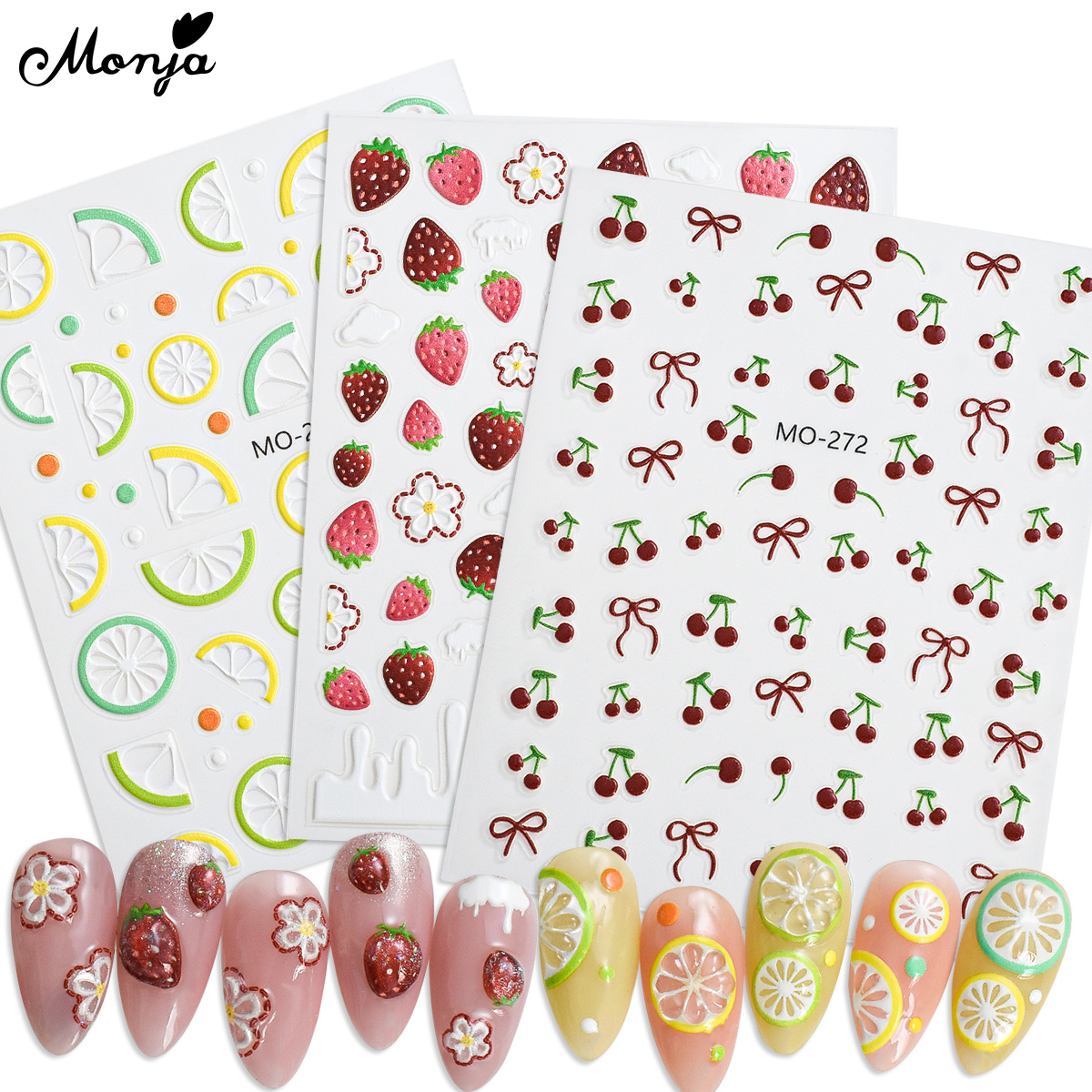 มอนญ่า สติ๊กเกอร์เล็บผลไม้ 3d ซีรี่ย์ฤดูร้อน ลายสตรอว์เบอร์รี่ เลมอน เชอร์รี่ แบบติดเอง