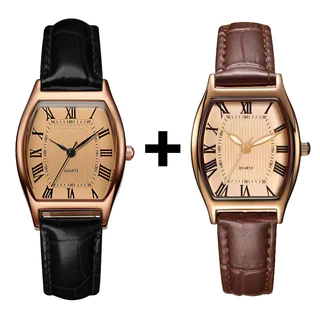 [ซื้อ 1 แถม 1 ฟรี] นาฬิกาผู้หญิงสไตล์ทันสมัย | สายหนังแทสีน้ำตาล Reloj แบบควอตซ์