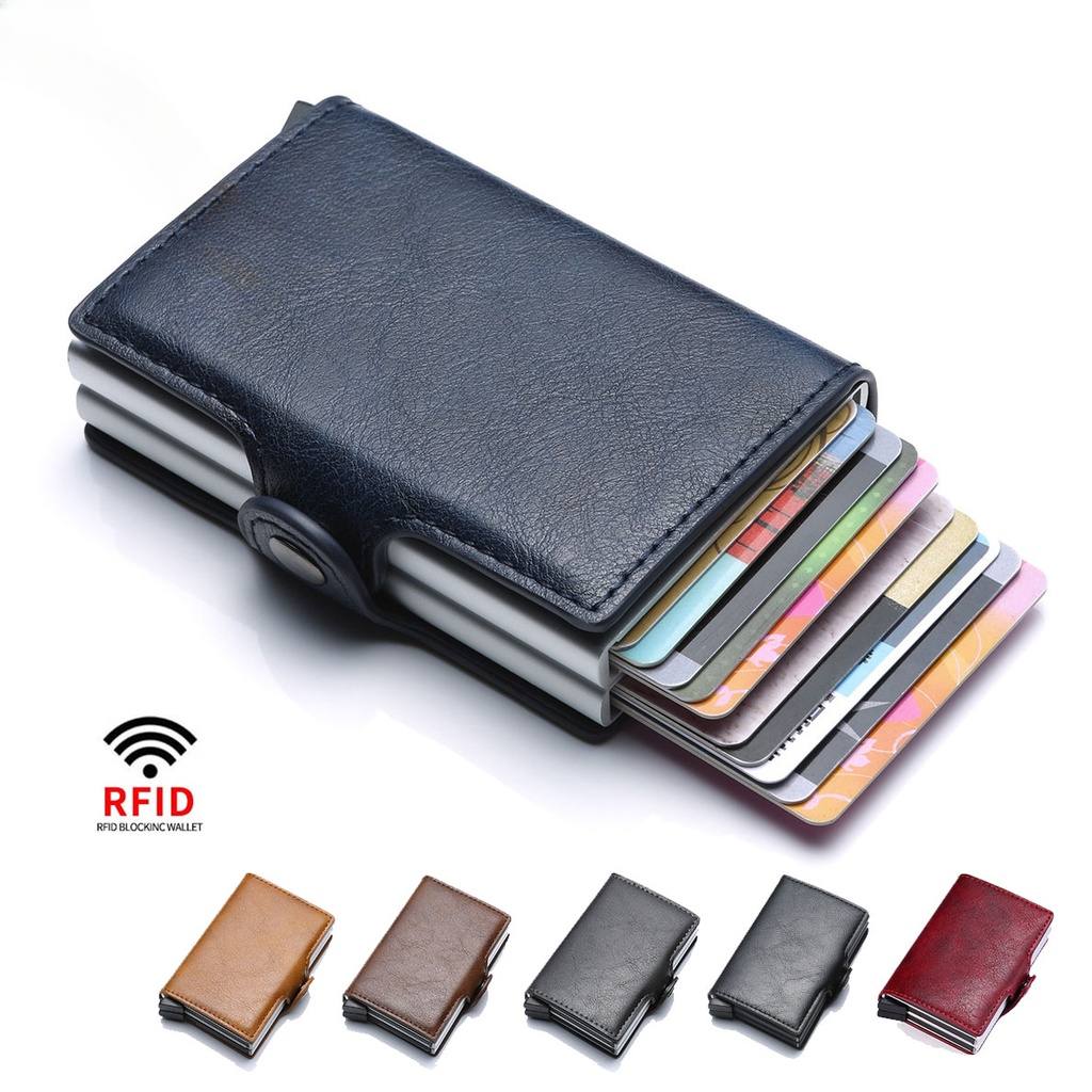 RFID Blocking Mens Card Holder กระเป๋าสตางค์อลูมิเนียมหนัง Business Bank Card Case Minimalist Organizer