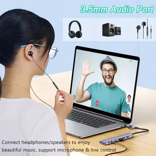 พอร์ตฮับ USB 8 in 1 เครื่องอ่านการ์ด SD ประเภท C ถึง 3.5 มม. สถานีเชื่อมต่อเสียง