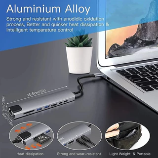 8 in 1 USB C HUB ประเภท C ถึงอะแดปเตอร์ HDMI USB3.0 RJ45 เครื่องอ่านการ์ด SD การถ่ายโอนข้อมูล 87W PD ชาร์จ