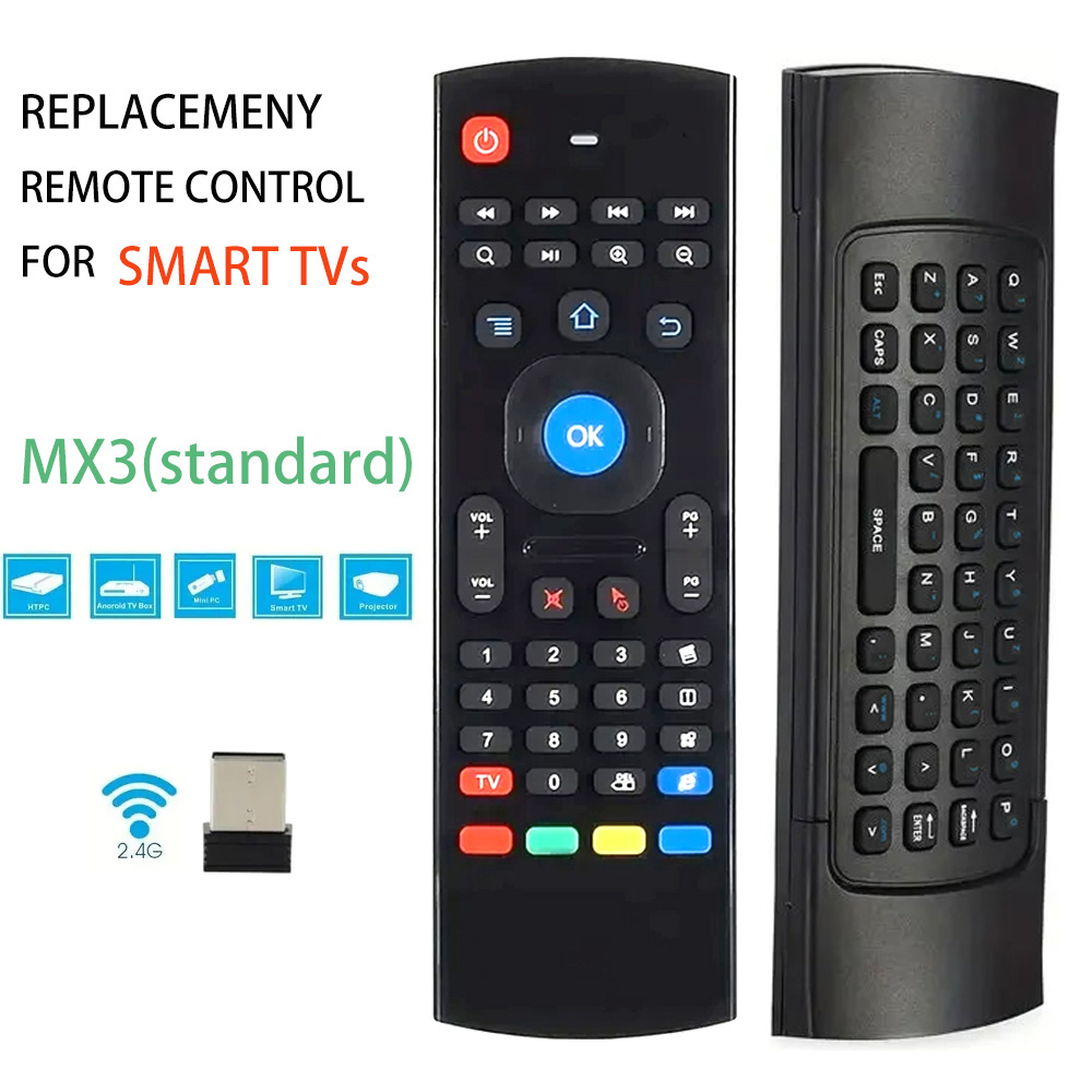 เมาส์อากาศไร้สาย MX3 ขนาดเล็กพร้อมคีย์บอร์ดรีโมทคอนโทรลอินฟราเรด 2.4GHz สําหรับพีซี กล่องทีวีอัจฉริยะ แอนดรอยด์