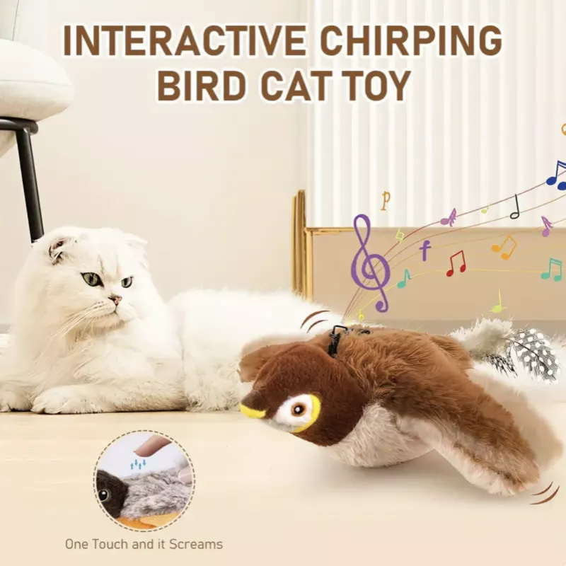 Interactive Flapping Wings Sparrow ของเล่นแมว Chirping Bird Touch Activated USB ชาร์จสําหรับลูกแมวสุนัขขนาดเล็ก