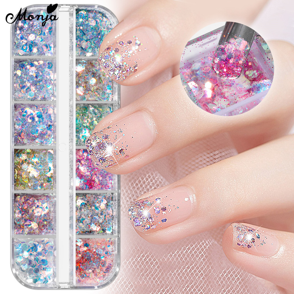 Monja 12 กริด/กล่องที่มีสีสันไม่สม่ําเสมอเล็บ Art หกเหลี่ยม Glitter Flakes Multi-ขนาด UV เจล Sparkly เลื่อม DIY ตกแต่งเล็บ
