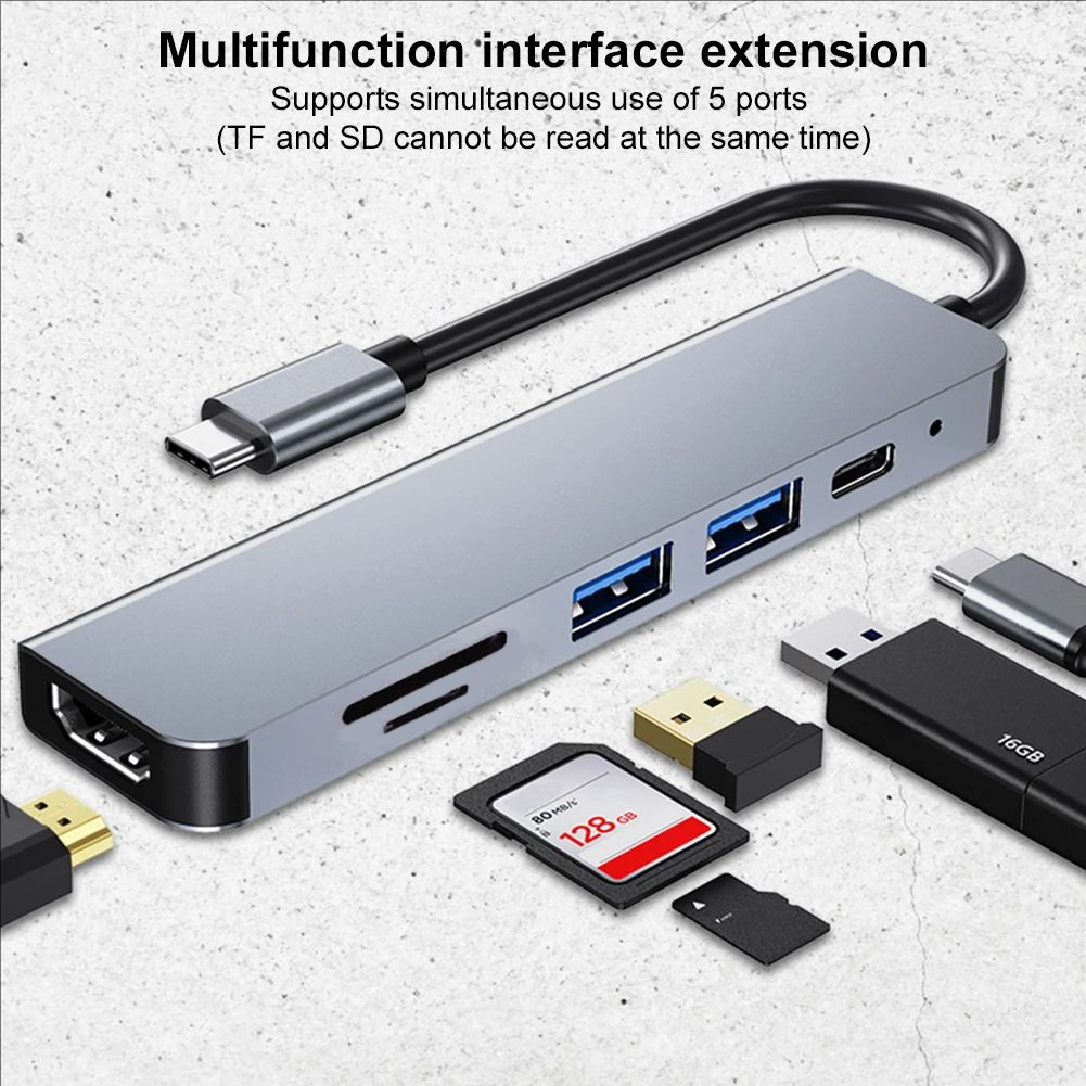 Type C Hub 6 in 1 TF SD Card Reader อะแดปเตอร์สําหรับแล็ปท็อป PC Multi Port HDMI 4K USB3.0 100W PD Charge