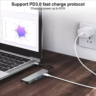 Type C Hub 6 in 1 TF SD Card Reader อะแดปเตอร์สําหรับแล็ปท็อป PC Multi Port HDMI 4K USB3.0 100W PD Charge