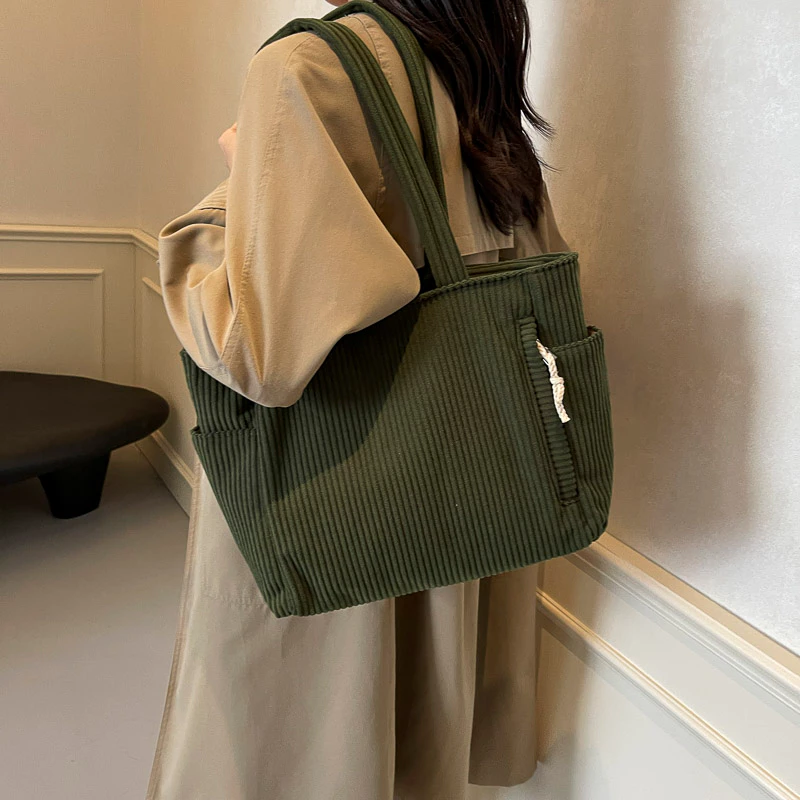 Velvet Corduroy Tote Bag กระเป๋าสะพายความจุขนาดใหญ่ของผู้หญิงกระเป๋าเดินทางอเนกประสงค์สําหรับทํางานและสันทนาการ