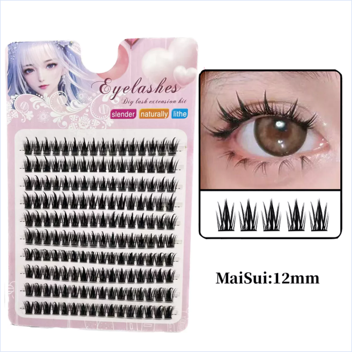 DIY Lash Eyelash รูปแบบการ์ตูนขนตาปลอมม้วนรูปตัว D เดี่ยวแบบใช้ซ้ําได้
