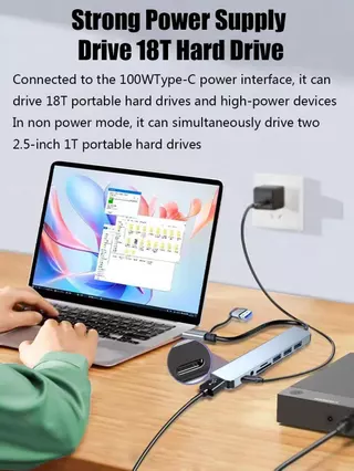 พอร์ตฮับ USB 8 in 1 เครื่องอ่านการ์ด SD ประเภท C ถึง 3.5 มม. สถานีเชื่อมต่อเสียง