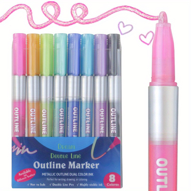 Tcuo ปากกามาร์กเกอร์โลหะ Outline 8 สี, ปากกาศิลปะเส้นคู่สําหรับการ์ดอวยพรและงานฝีมือ