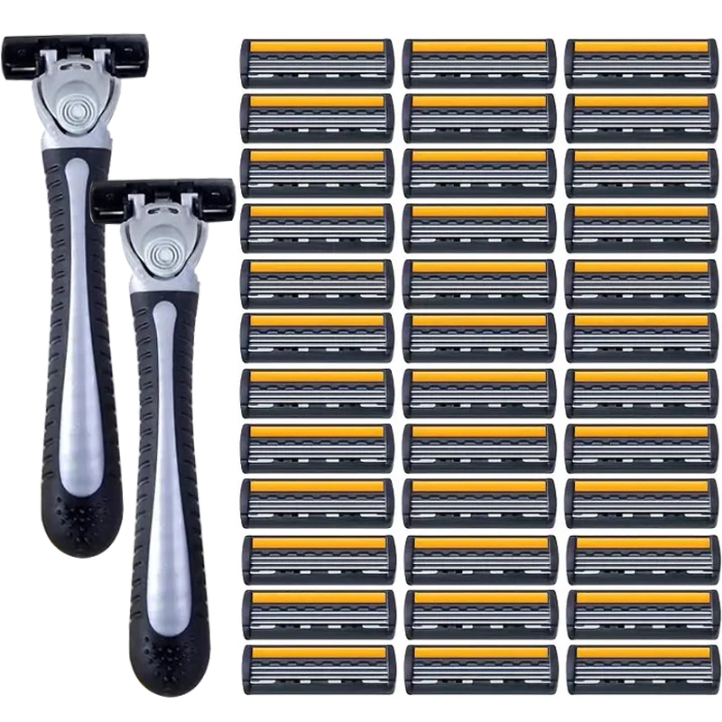 เครื่องโกนหนวดสําหรับเดินทาง 3 ชั้นสีเหลืองสําหรับผู้ชาย (แถบกันลื่นสําหรับการโกนที่ปลอดภัยเรียบ, สิ่งจําเป็น 10 ชิ้น
