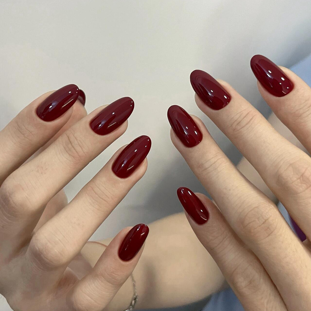 ชุดเล็บปลอม 24 ชิ้นพร้อมกาวต่อเล็บ สีแดงไวน์ - รูปที่ 2