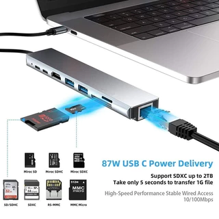 8 in 1 USB C HUB ประเภท C ถึงอะแดปเตอร์ HDMI USB3.0 RJ45 เครื่องอ่านการ์ด SD การถ่ายโอนข้อมูล 87W PD ชาร์จ