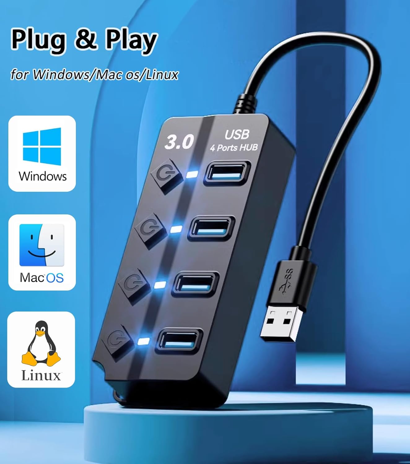 Multi USB HUB USB3.0 2.0 Hub Splitter ใช้อะแดปเตอร์ไฟ USB4Port Expander พร้อมสายเคเบิลสวิตช์