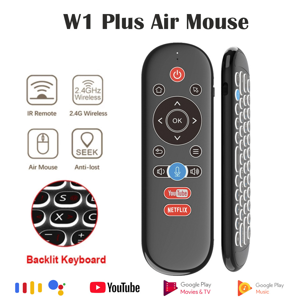 New New W1 PLUS 2.4G เมาส์ไร้สายแบบสองด้านชาร์จได้พร้อมรีโมทควบคุมและคีย์บอร์ดขนาดเล็ก มีไฟพื้นหลัง, ไจโรสโคป 6 แกน, ค้นหาด้วยเสียง เหมาะสำหรับกล่องทีวี Android, ทีวีสมาร์ท