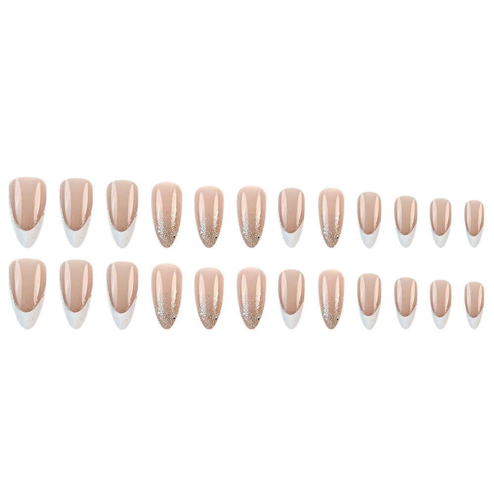 24 ชิ้น เล็บปลอมรูปอัลมอนด์สีขาวขอบน่ารักเรียบง่ายแบบแฟนซีพร้อมกลิตเตอร์ เหมาะสำหรับงานแต่งงานวันหยุด - รูปที่ 3