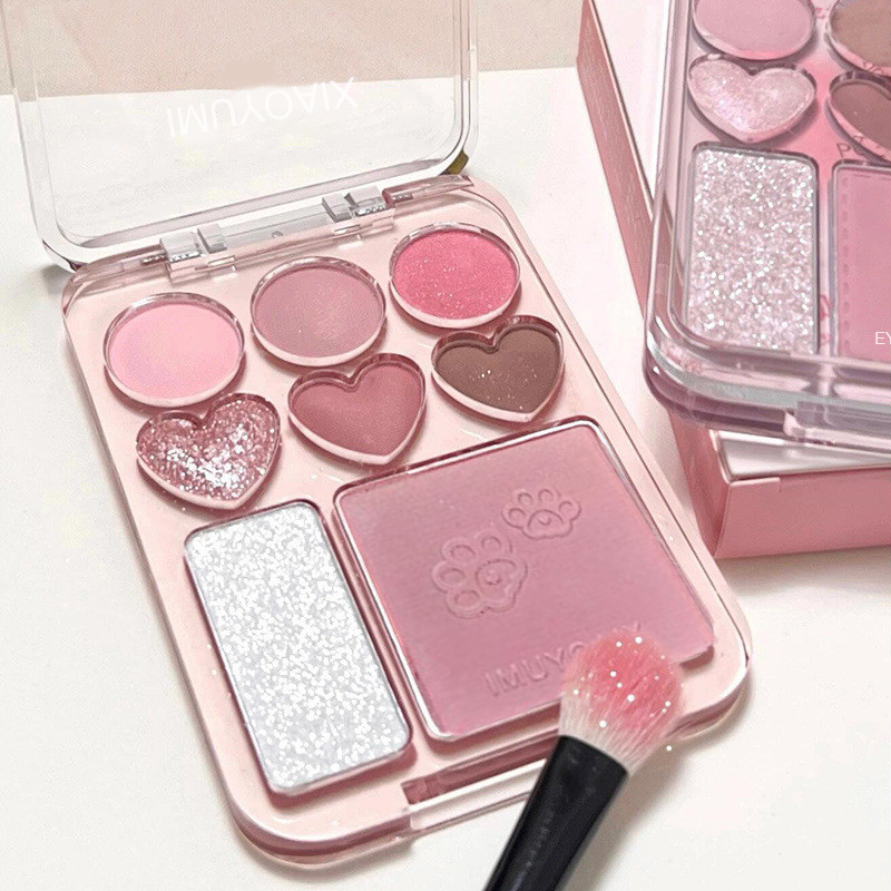 อายแชโดว์รูปหัวใจ 8 สี – แมตต์, บลัช, ไฮไลท์เตอร์, คาราเมลพิงค์สีน้ำตาล, กันน้ำ, กันเหงื่อ, สำหรับผู้หญิงและผู้ชาย