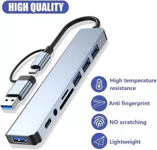 พอร์ตฮับ USB 8 in 1 เครื่องอ่านการ์ด SD ประเภท C ถึง 3.5 มม. สถานีเชื่อมต่อเสียง