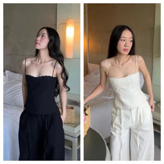 สไตล์ฝรั่งเศสลูกไม้ตัดสลิมฟิตยกทรงสตรีปาเก็ตตี้สายรัดด้านบนสวมใส่คนเดียวหรือชั้นฤดูใบไม้ผลิ/ฤดูร้อนท็อปส์พืชสําหรับผู้หญิงชุดฤดูร้อน