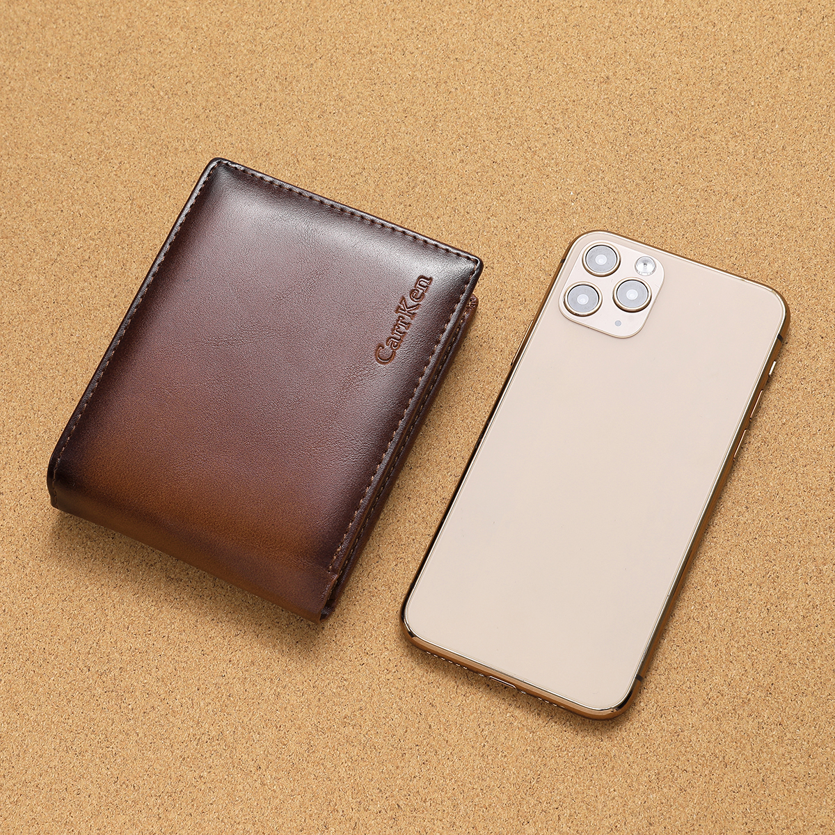 คาร์เคน กระเป๋าสตางค์หนังผู้ชายสั้นพรีเมี่ยมนูนจดหมาย-สีทึบเรียบง่ายพับสองสล็อตผู้ถือบัตรเครดิต - รูปที่ 7